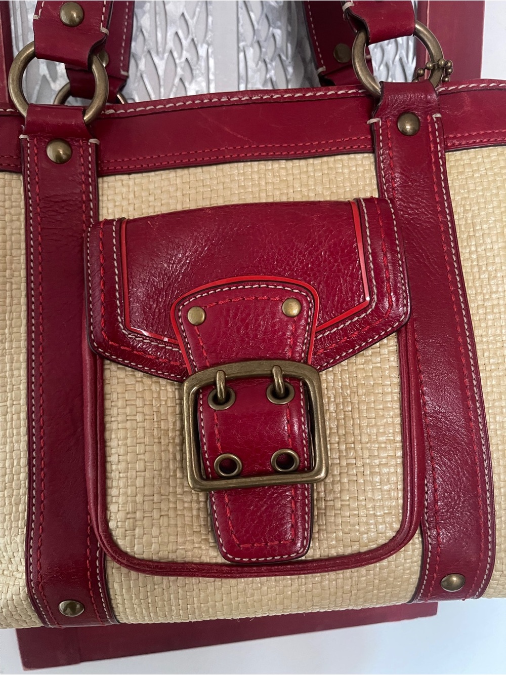 Beautiful ๐ป Coach Legacy M05K-113 Straw & Red Leather Buckle Tote Y2K 2005 - Picture 13 of 15